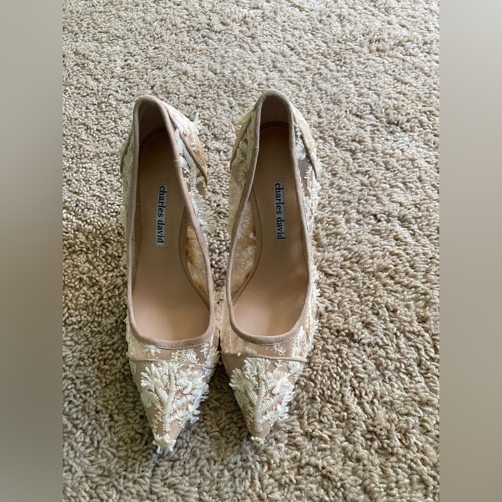 Charles David Beige Floral Embroidered Heels